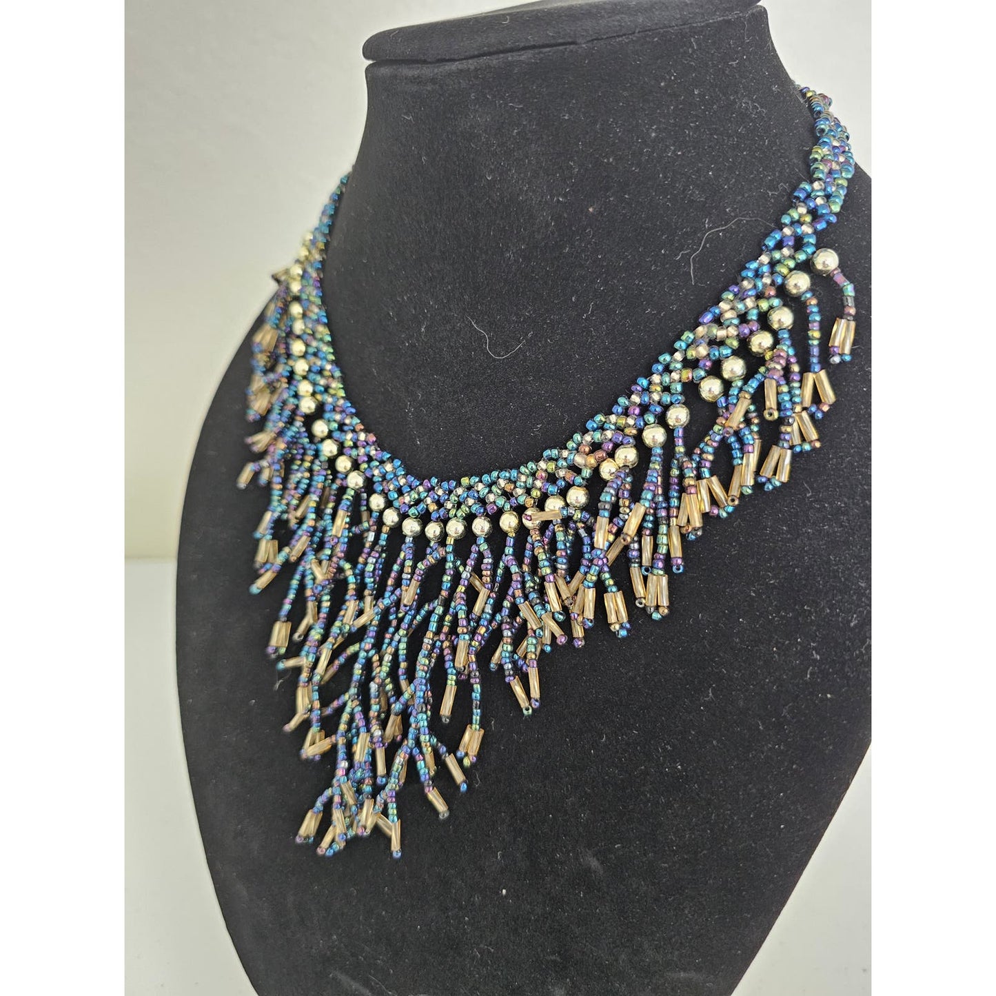 Vintage Seed Bead Fringe Statement Piece Necklace Metallic Beads  Estate