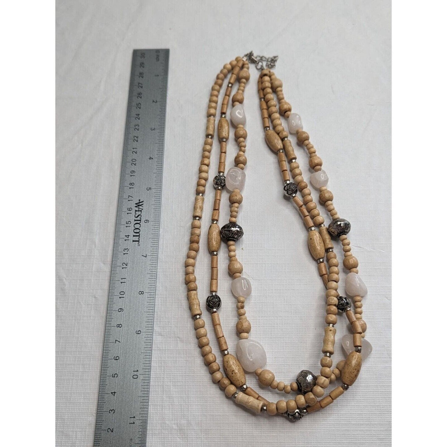 Vintage 3 Strand Wood Wooden Beaded Necklace w/ Natural Stone Beads