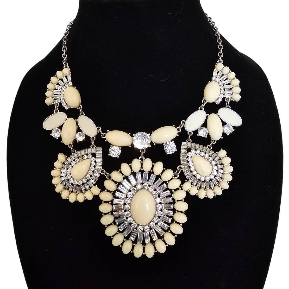 Vintage Y2K Art Deco Style Bib Necklace Bold Flowers Cream w/ Rhinestones