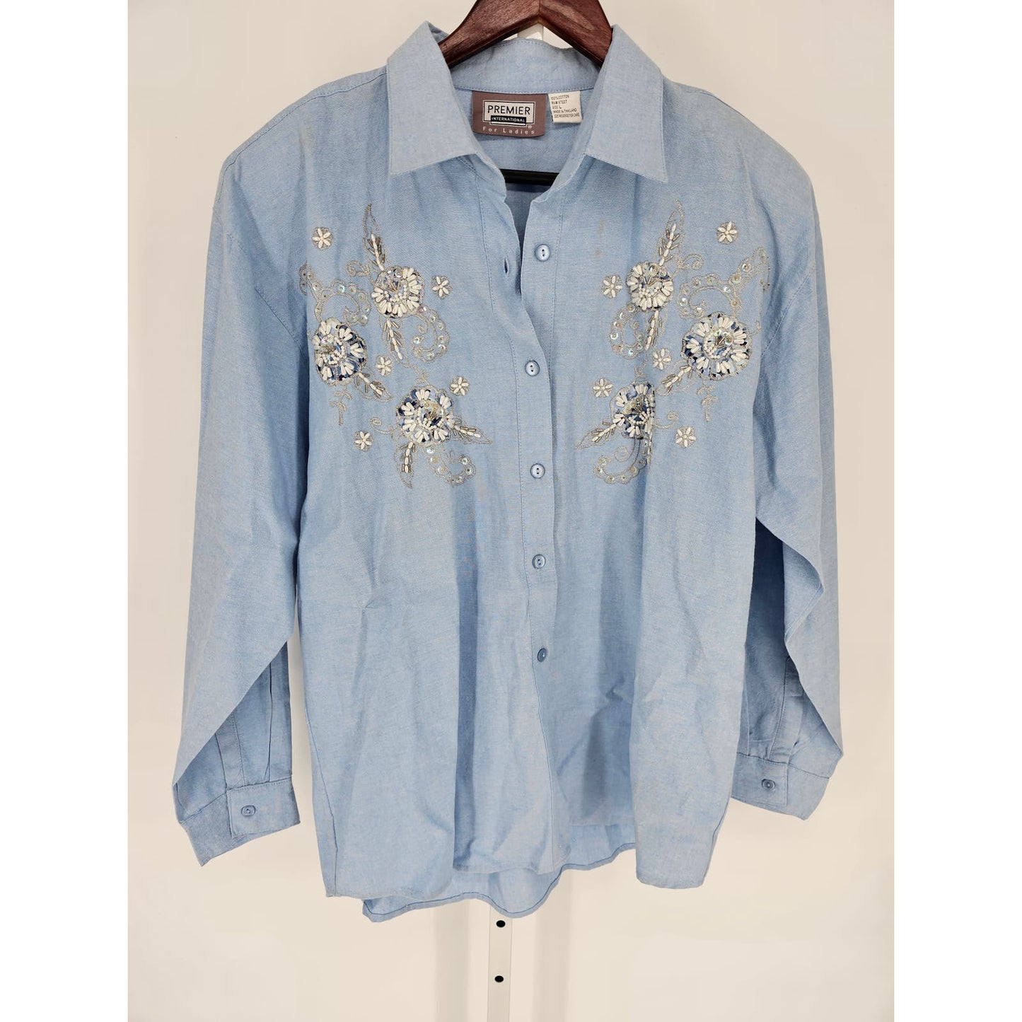 Premier Intl Ladies Womens Sz L Vintage Button Up Blouse Embellished Blue Floral