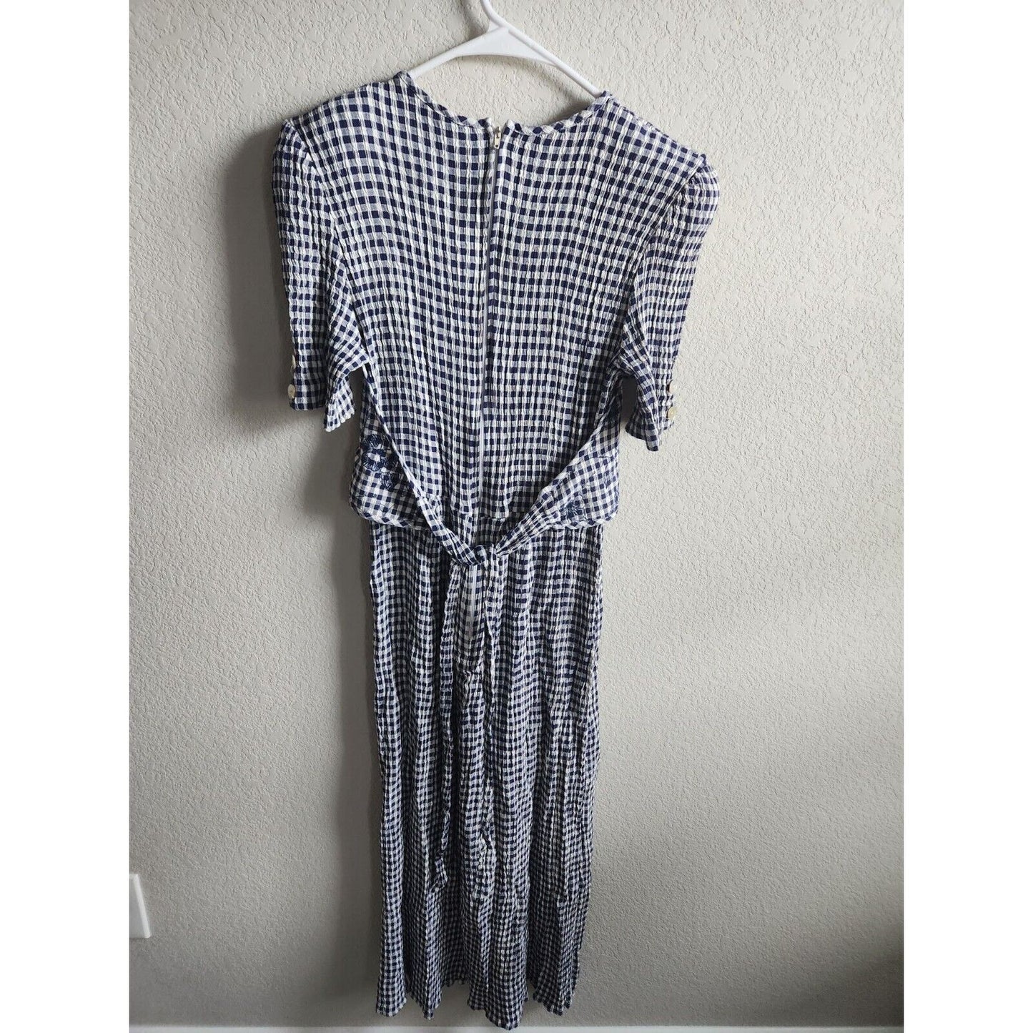 Vintage 1980s JBS Womens Sz M Blue Checkered Maxi Dress Embroidered Floral