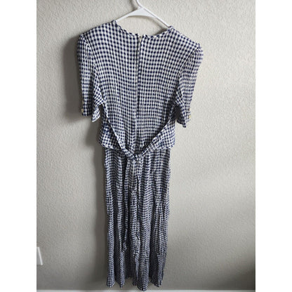 Vintage 1980s JBS Womens Sz M Blue Checkered Maxi Dress Embroidered Floral