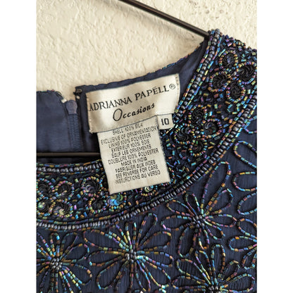 Adrianna Papell Occasions Womens Sz 10 100% Silk Fully Beaded Blouse Navy Blue