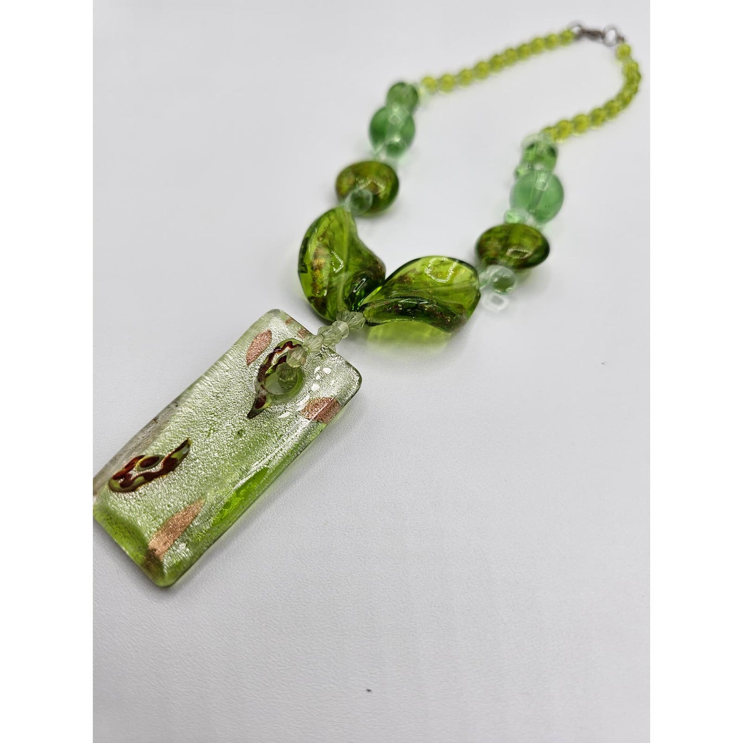 Vintage Mid Century Lime Green Glass Beaded Necklace w/ Square Pendant