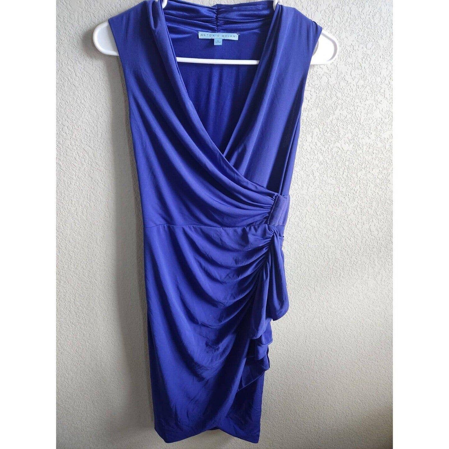 Antonio Melani Womens Sz S Midi Dress Faux Wrap Draped Blue Formal