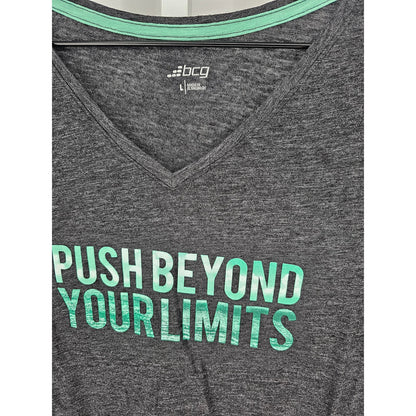 BCG Womens Sz L Short Sleeve V Neck T Shirt Push Beyond Your Limits Gray