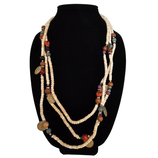 Vintage Mid Century Multi Strand Boho Style Necklace Cream w/ Gold Coin Charms