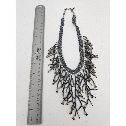 Vintage Seed Bead Fringe Statement Piece Necklace Metallic Beads  Estate