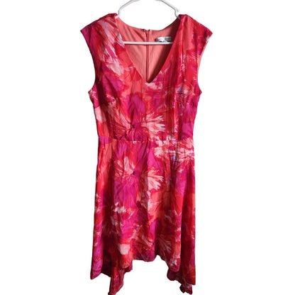 Sandra Darren Womens Sz 10 Pink Knee Length Floral Dress Handkerchief Hem