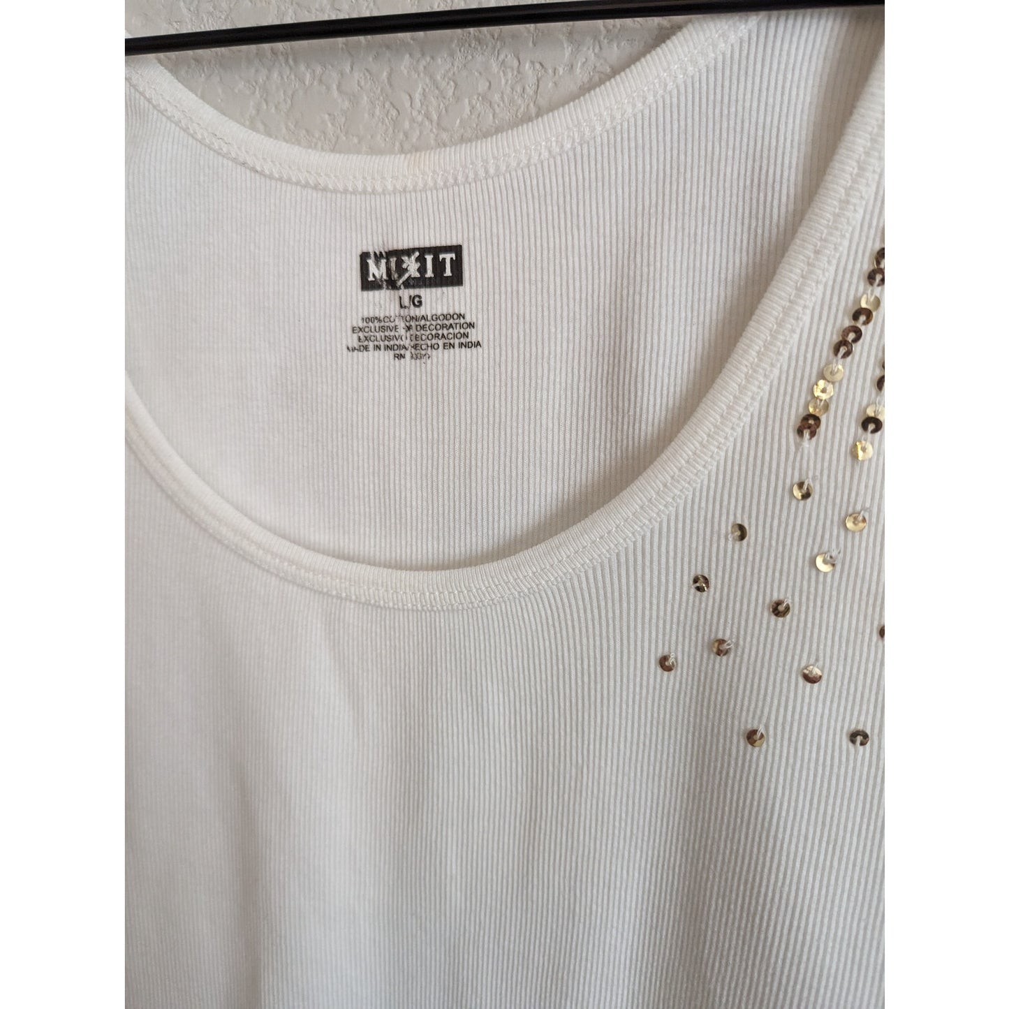 Mixit Womens Sz L Ribbed Tank Top White w/ Gold Sequins