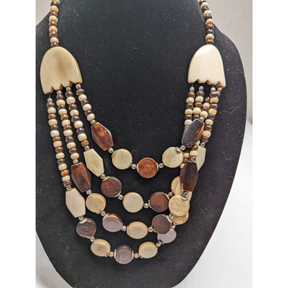 Vintage 1960s Statement Piece Necklace Brown Cream Stone Beads Mid Century