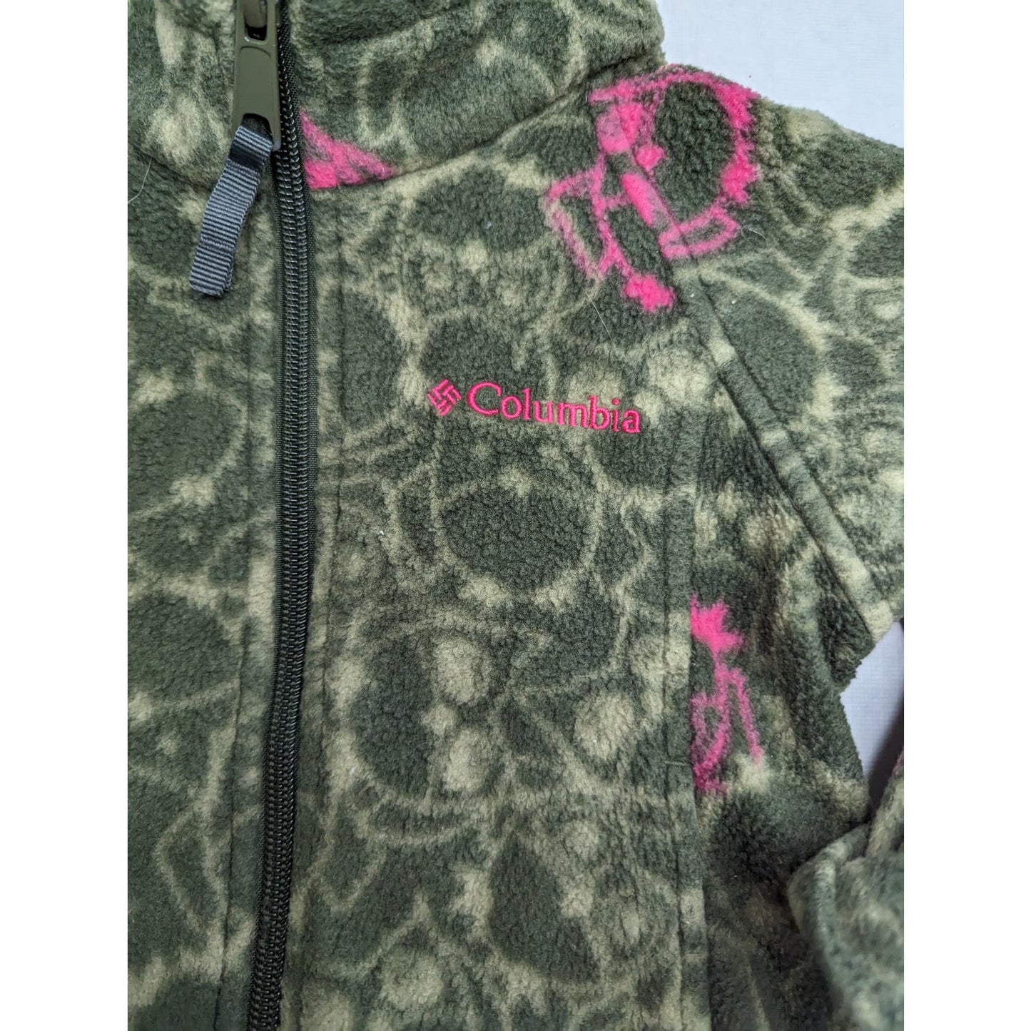 Columbia Girls Sz 24M Full Zip Up Fleece Jacket Owl Print Green Pink