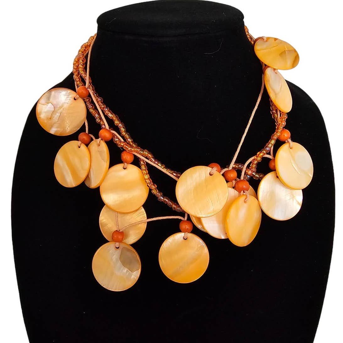 Vintage 1980s Pastel Orange Layered Disk Beaded Necklace Mother of Pearl