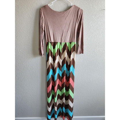Lillie Avenue Womens Sz M Maxi Shirt Dress Long Sleeve Brown Rainbow Chevron
