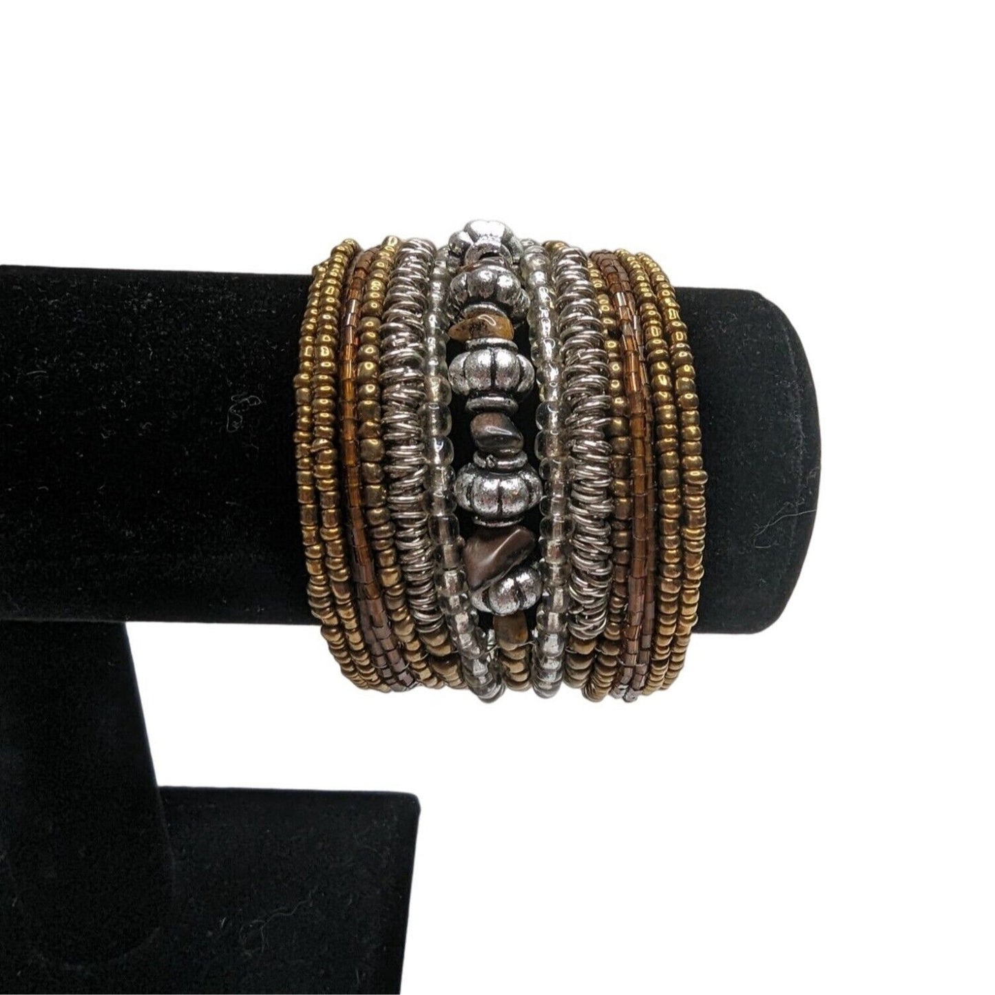 Vintage Womens Adjustable Beaded Stacked Bracelet Earthtones Silver Gold