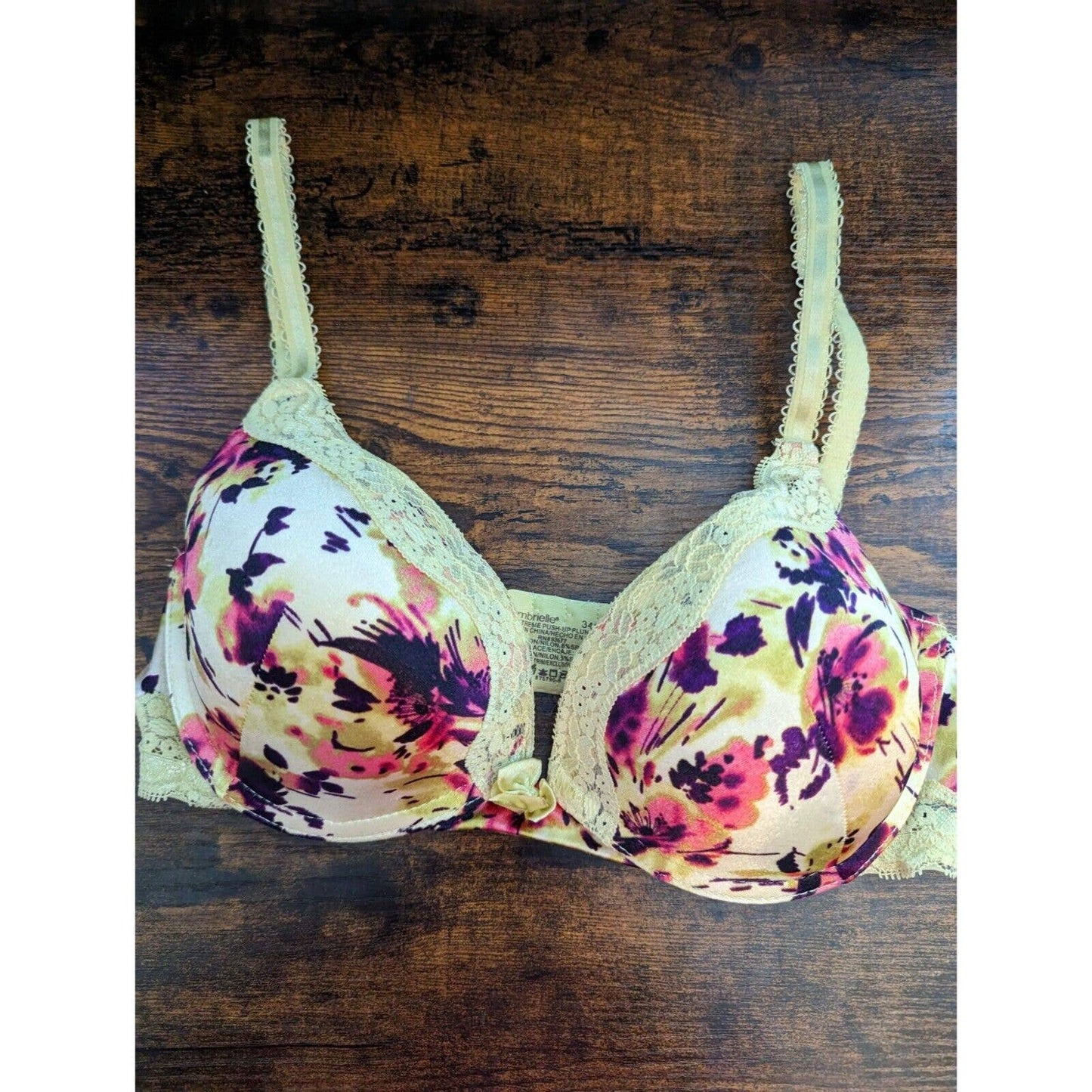 Ambrielle Womens Sz 34C Extreme Push Up Plunge Bra Red Yellow Floral