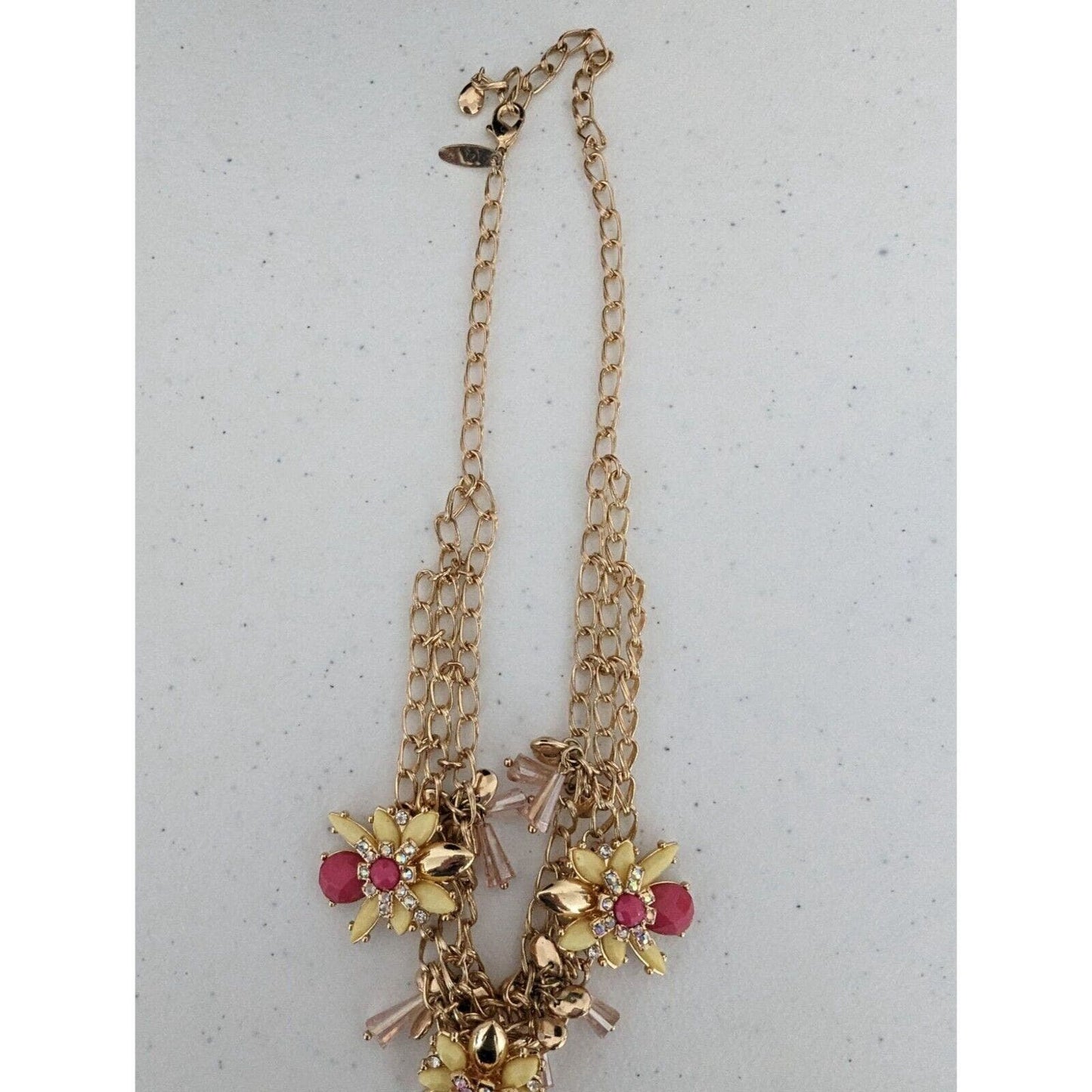 Womens Gold Tone Chunky Rhinestone Layered Necklace Pink Yellow Floral