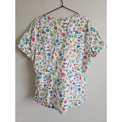 Dickies Womens Sz XL Short Sleeve Scrub Top Bright Floral Daisy Print