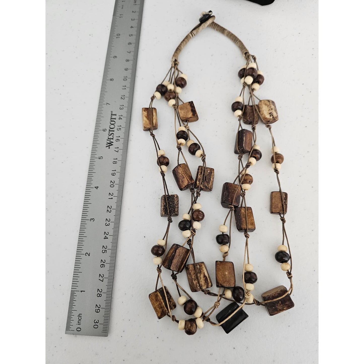 Vintage Mid Century Brown Wood Wooden Multi Strand Beaded Necklace