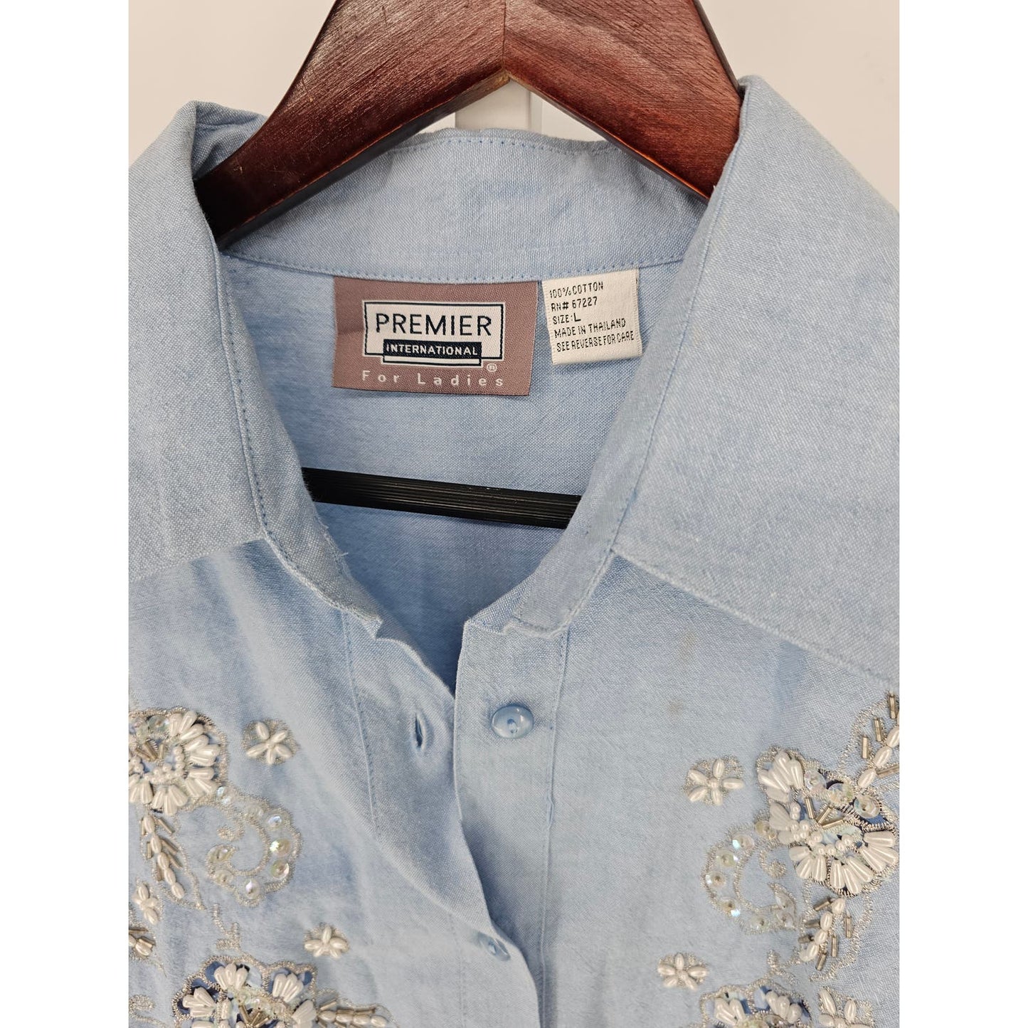 Premier Intl Ladies Womens Sz L Vintage Button Up Blouse Embellished Blue Floral