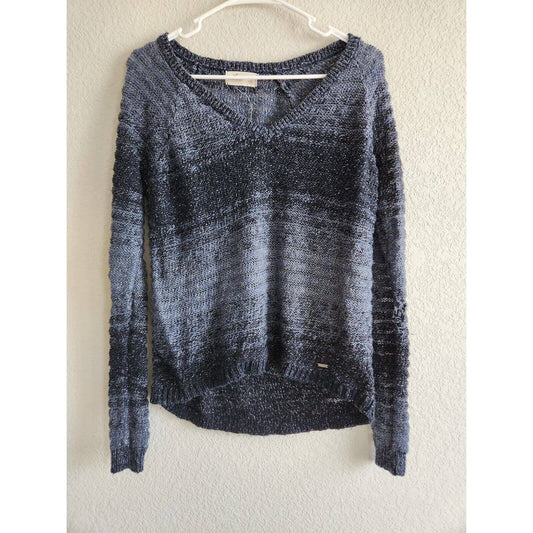 Hollister Womens Sz M V Neck Open Knit Sweater Dark Blue Metallic Weave