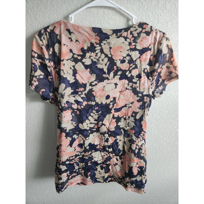 212 Collection Womens Sz M Faux Wrap Short Sleeve Blouse Blue Pink Floral