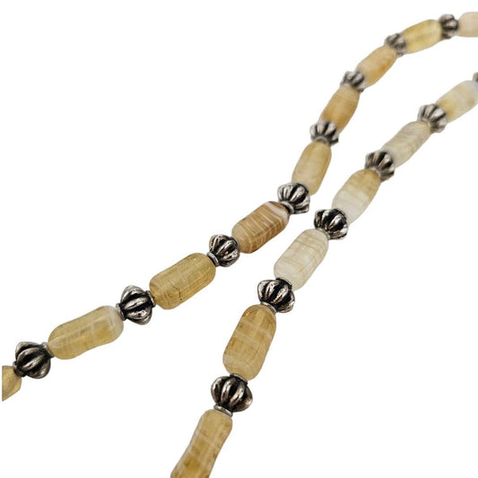 Vintage Single Strand Glass Beaded Necklace Yellow Tones Silver Beads