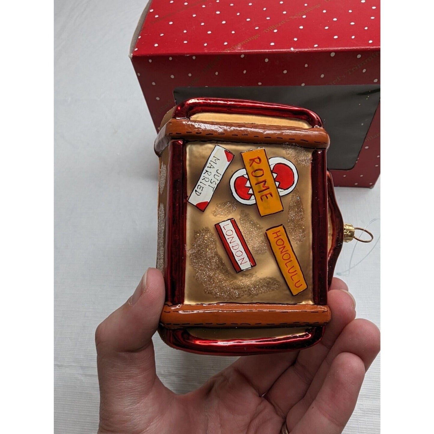 Vintage Dillards Trimmings Christmas Ornament Blown Glass Suitcase Travel