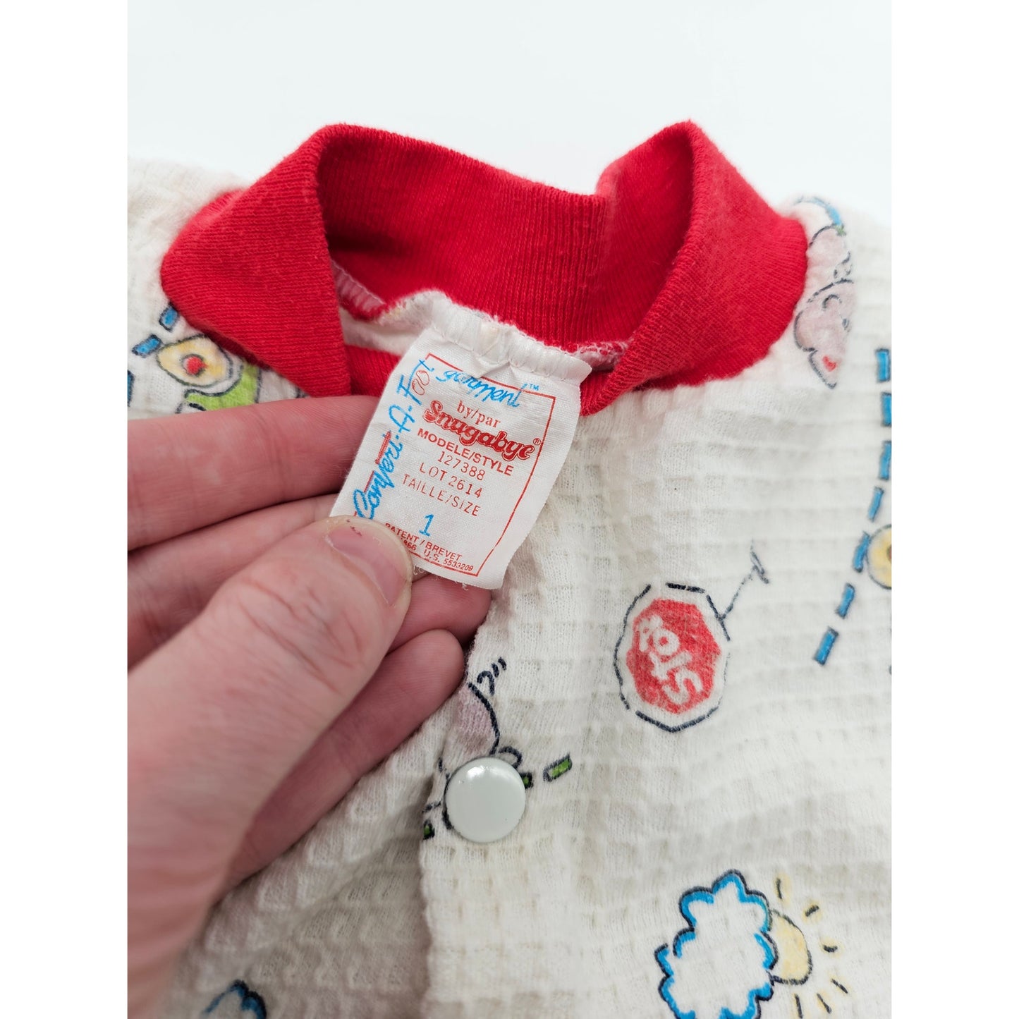 Vintage 1980s Baby Boys Sz 12M Waffle Knit One Piece Pajama Snugabye Cars