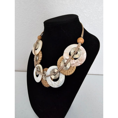 Vintage 1980s Mixed Media Bold Necklace Beige Basket Weave Discs