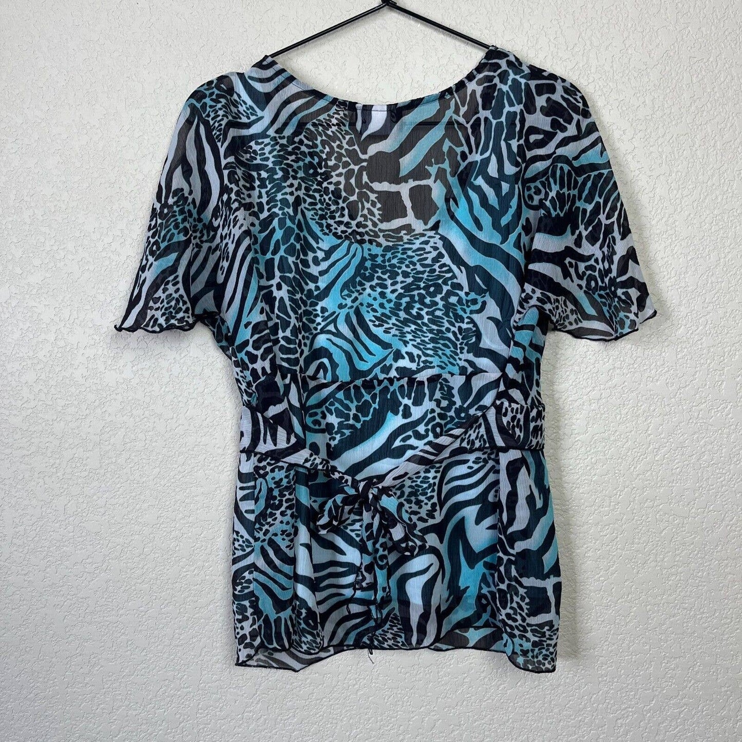 Vintage Caribou New York Womens Sz M Blue Black Animal Print Blouse 1990s