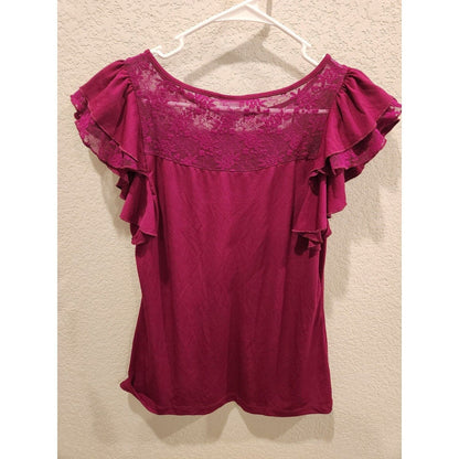 Worthington Womens Sz M Ruffled Sleeve Short Sleeve Blouse Dark Pink