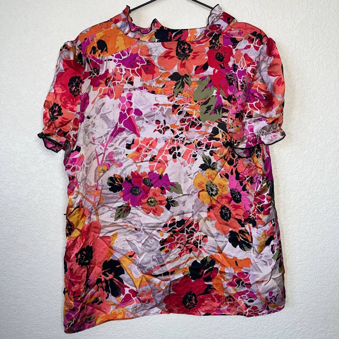 Spense Womens Sz XL Short Sleeve Blouse Floral Colorful Satin