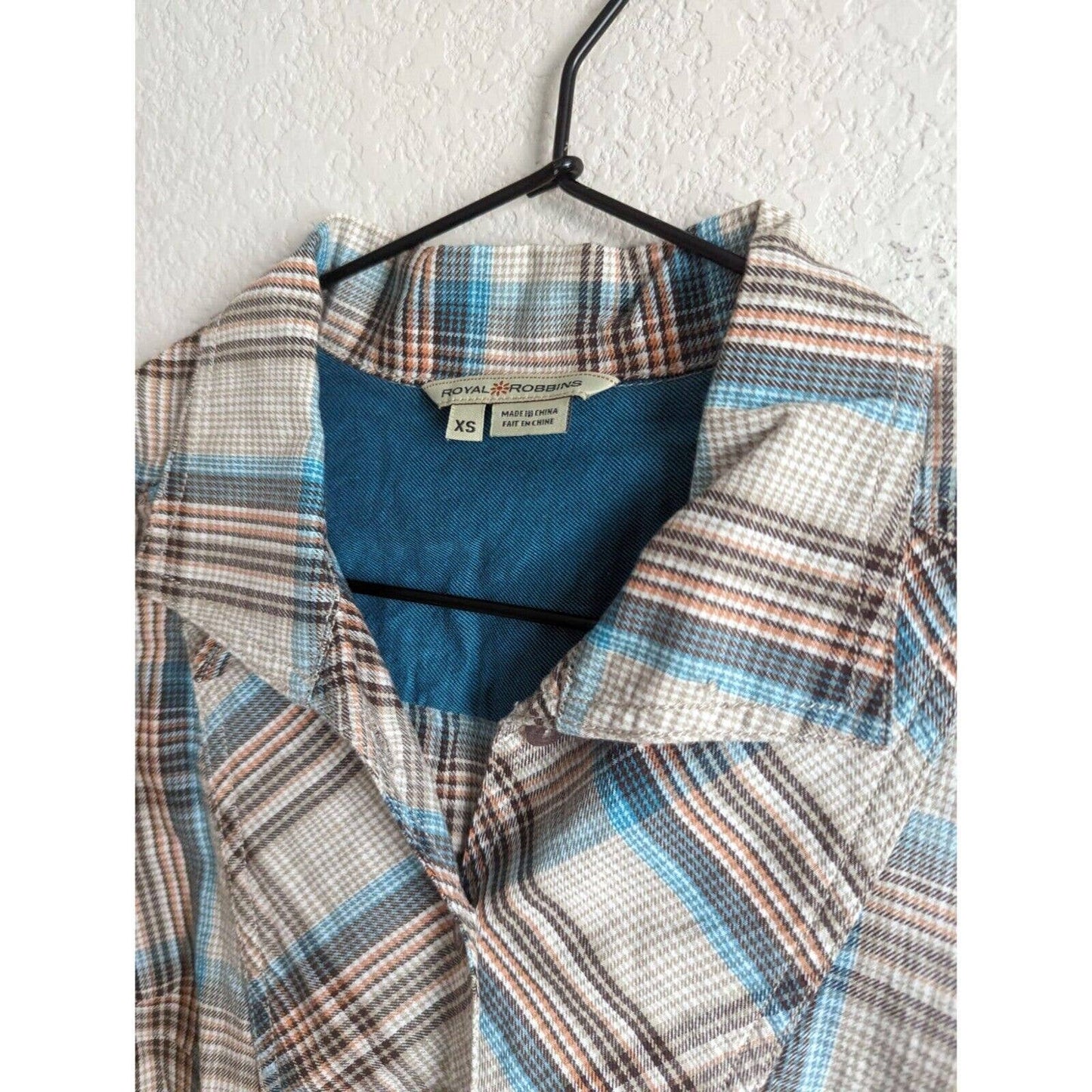 Royal Robbins Womens Sz XS Cotton Plaid Shirt Beige Brown Blue Tab Sleeve