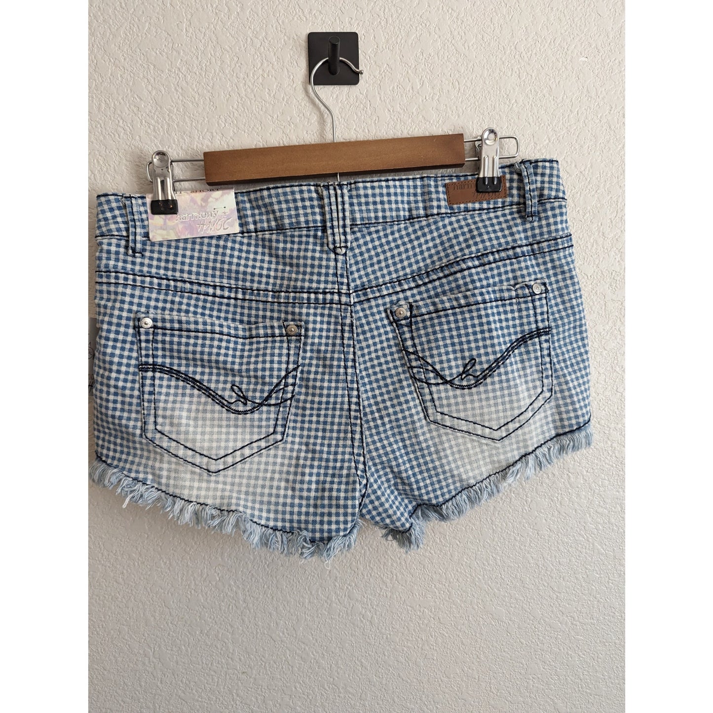 Harmony & Havoc Juniors Sz 11 Denim Cutoff Blue Jean Shorts Buffalo Plaid NEW