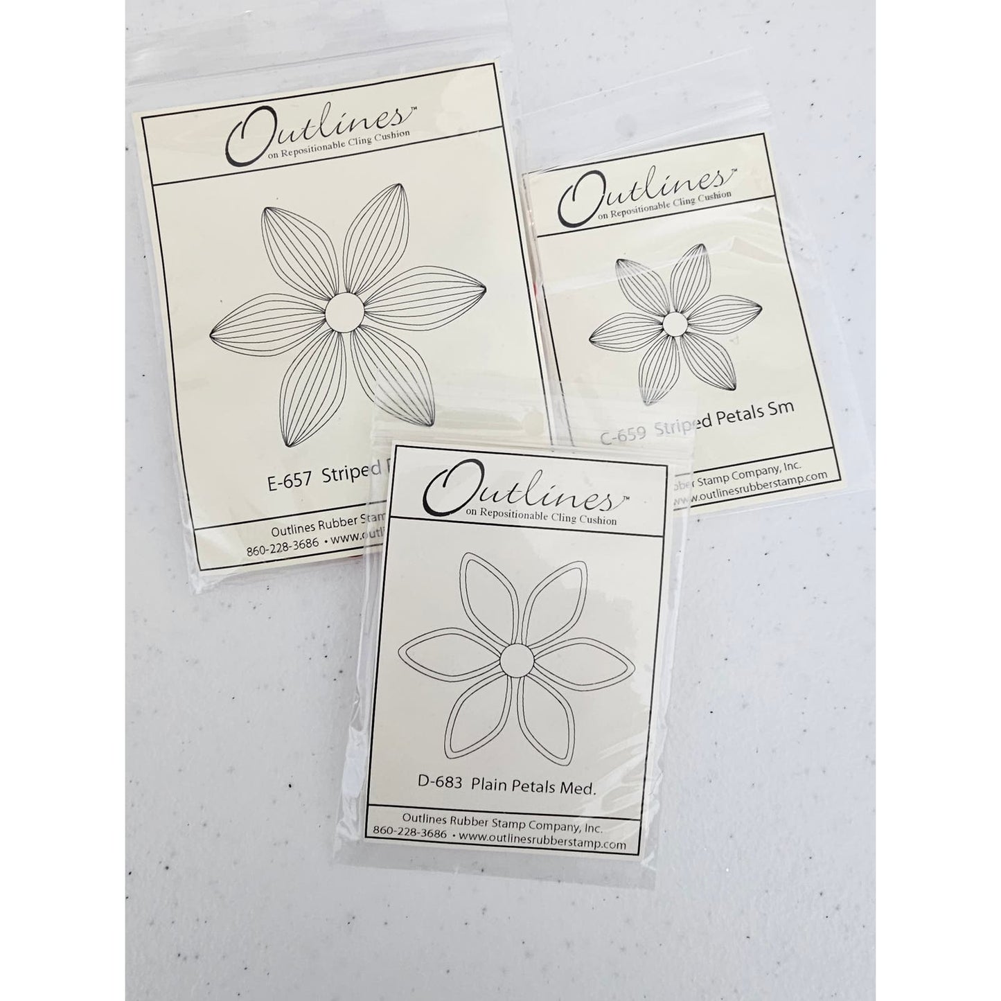 Outlines Rubber Stamp Company Set of 3 Flower Petals Stamps Striped Plain