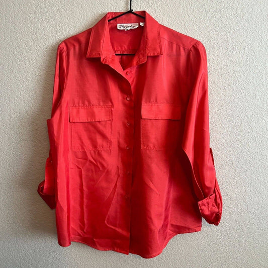 Vintage 1980s Shapely Womens Sz 12 Button Down Tab Sleeve Blouse Coral Pink