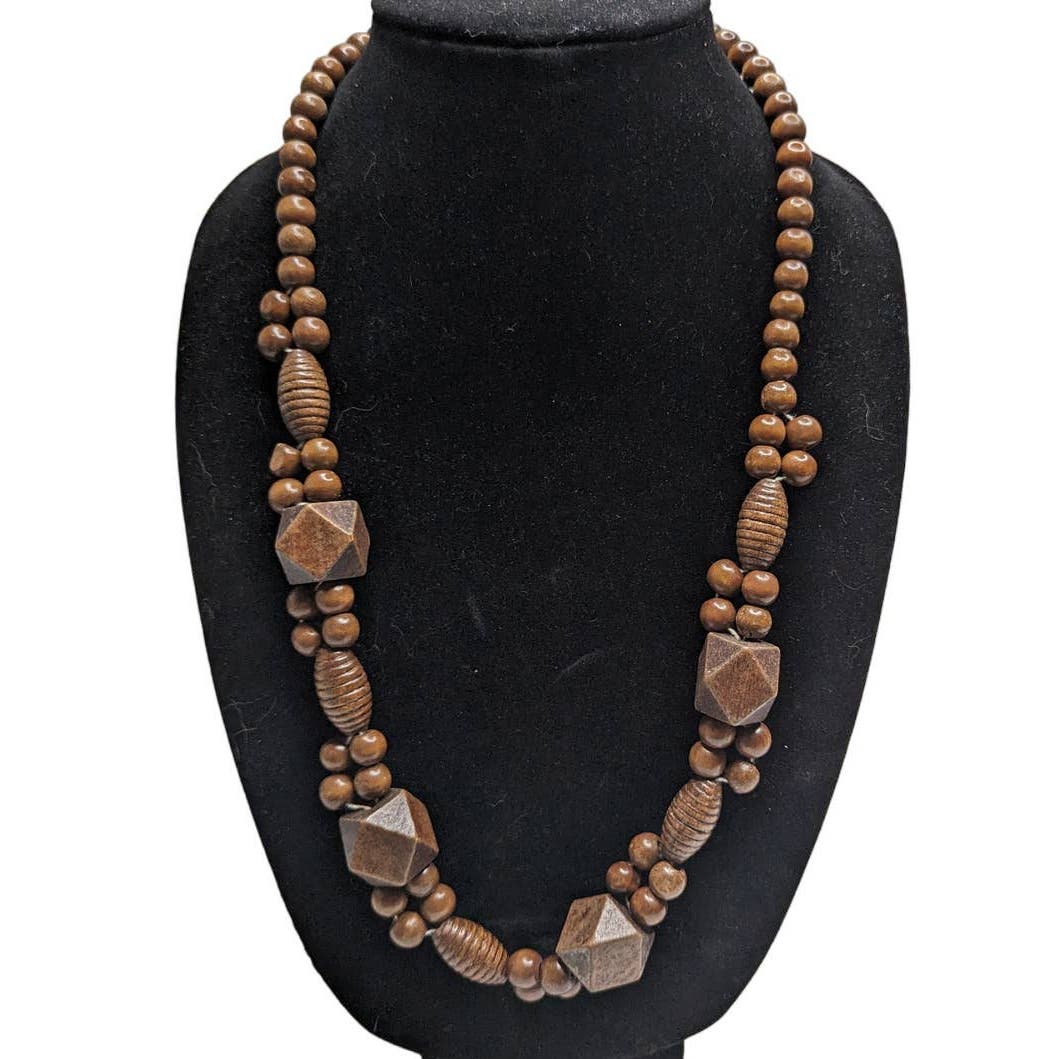 Vintage Mid Century Chunky Wooden Beaded Statement Necklace Brown