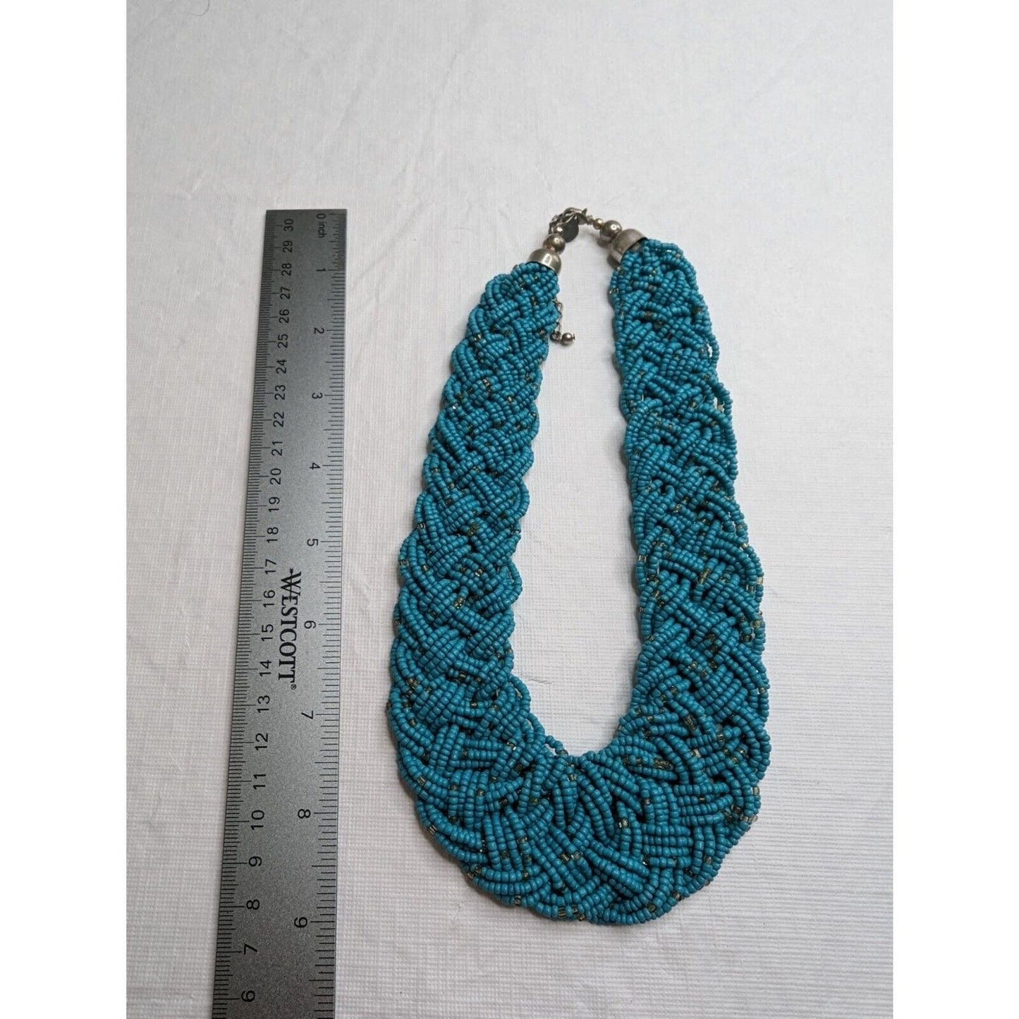 Vintage Multi Strand Braided Seed Bead Collar Statement Necklace Blue