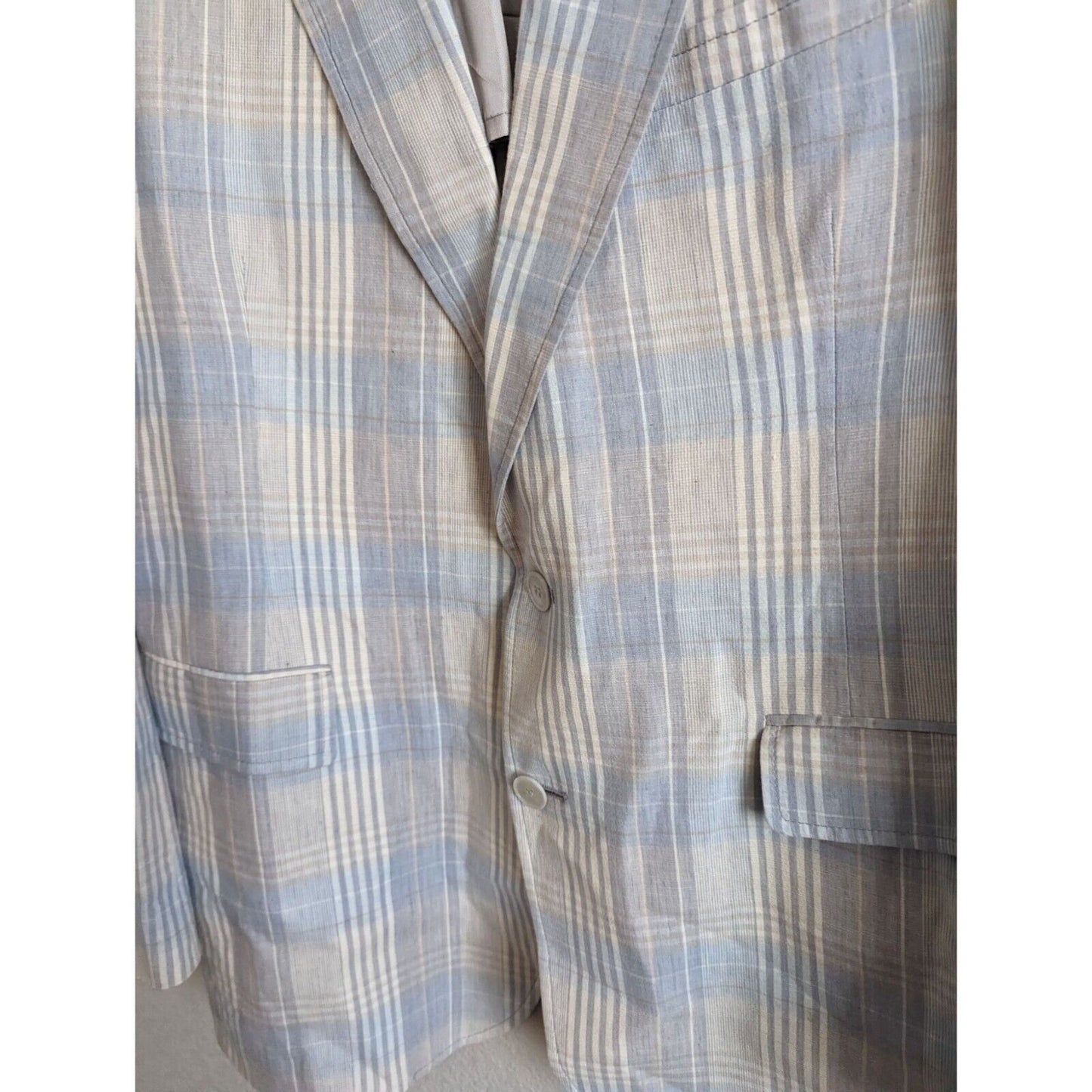 Vintage 1970s Andover Reed Mens 2 Button Suit Coat Light Blue Plaid Sz 42R