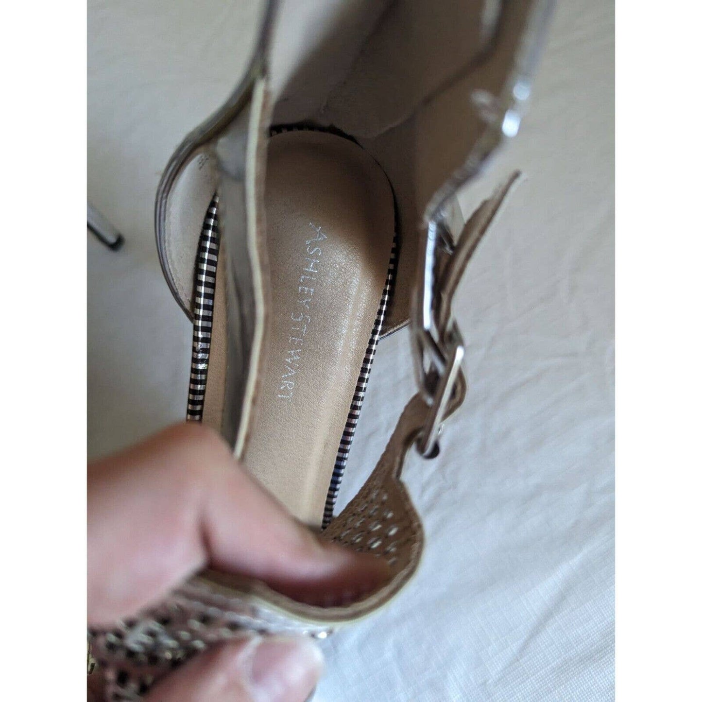 Ashley Stewart Womens Sz 11 Faux Leather Caged High Heels Silver Y2K