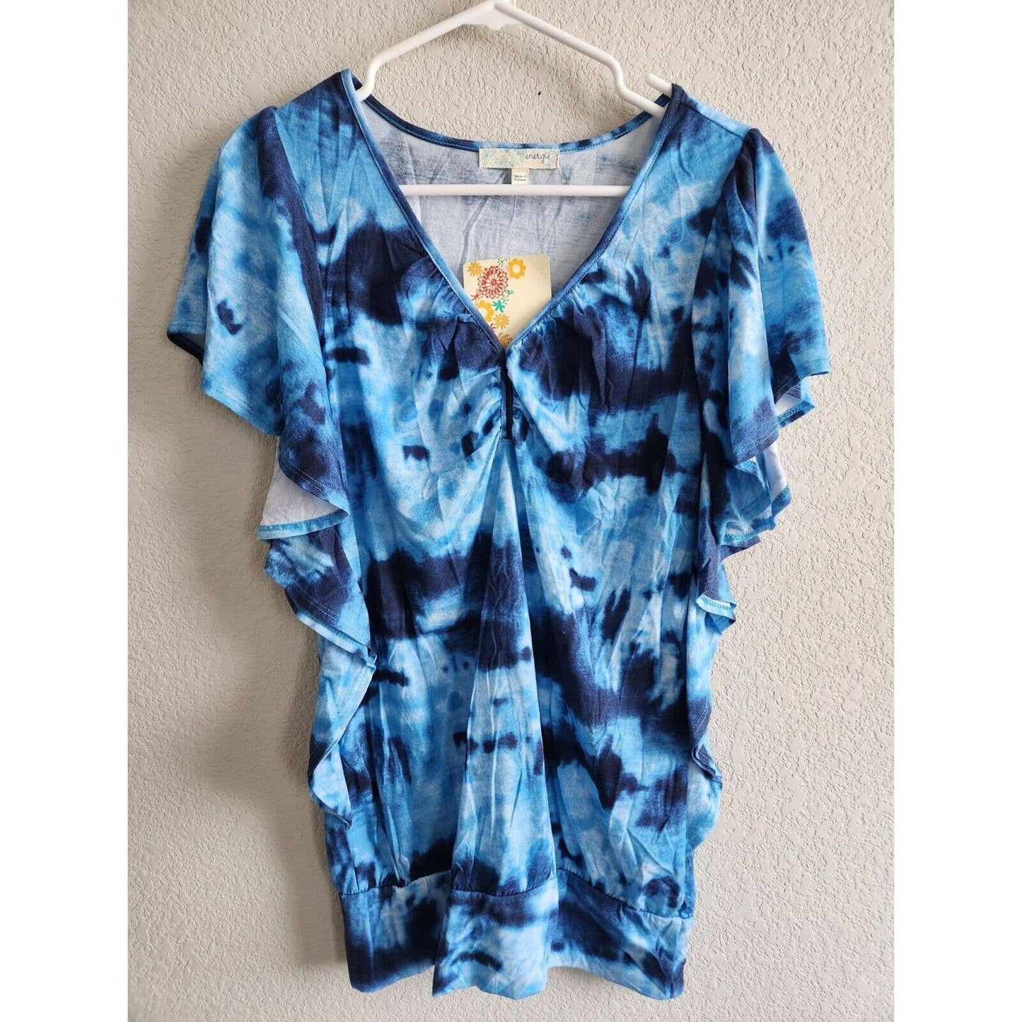 Vintage Y2K Energie Womens Sz M Tie Dye Short Sleeve Tunic Top Blue NEW