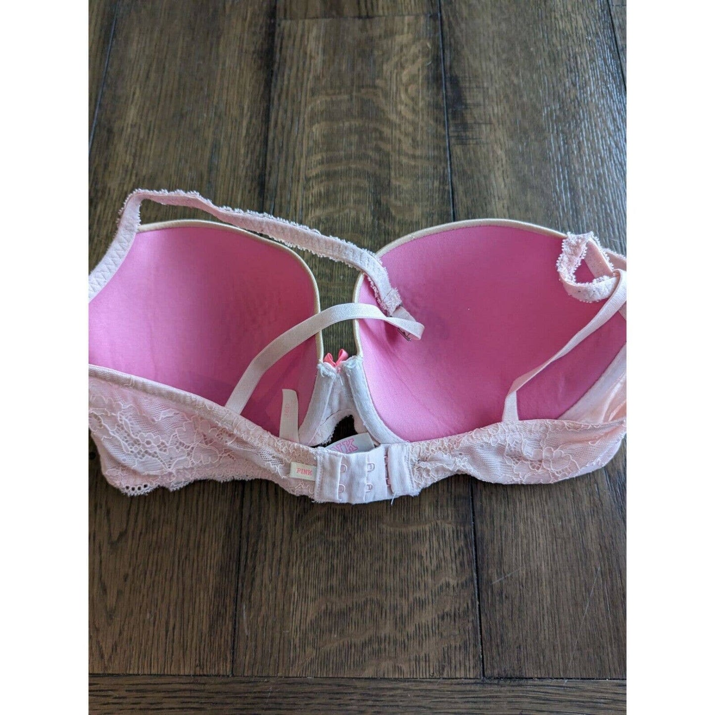 Pink by Victorias Secret Womens Sz 36D Padded Push Up Bra Beige w/ Pink Trim