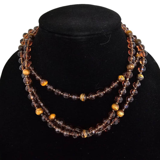 Vintage Mid Century 3 Strand Amber Glass Classic Necklace Tigers Eye Accent