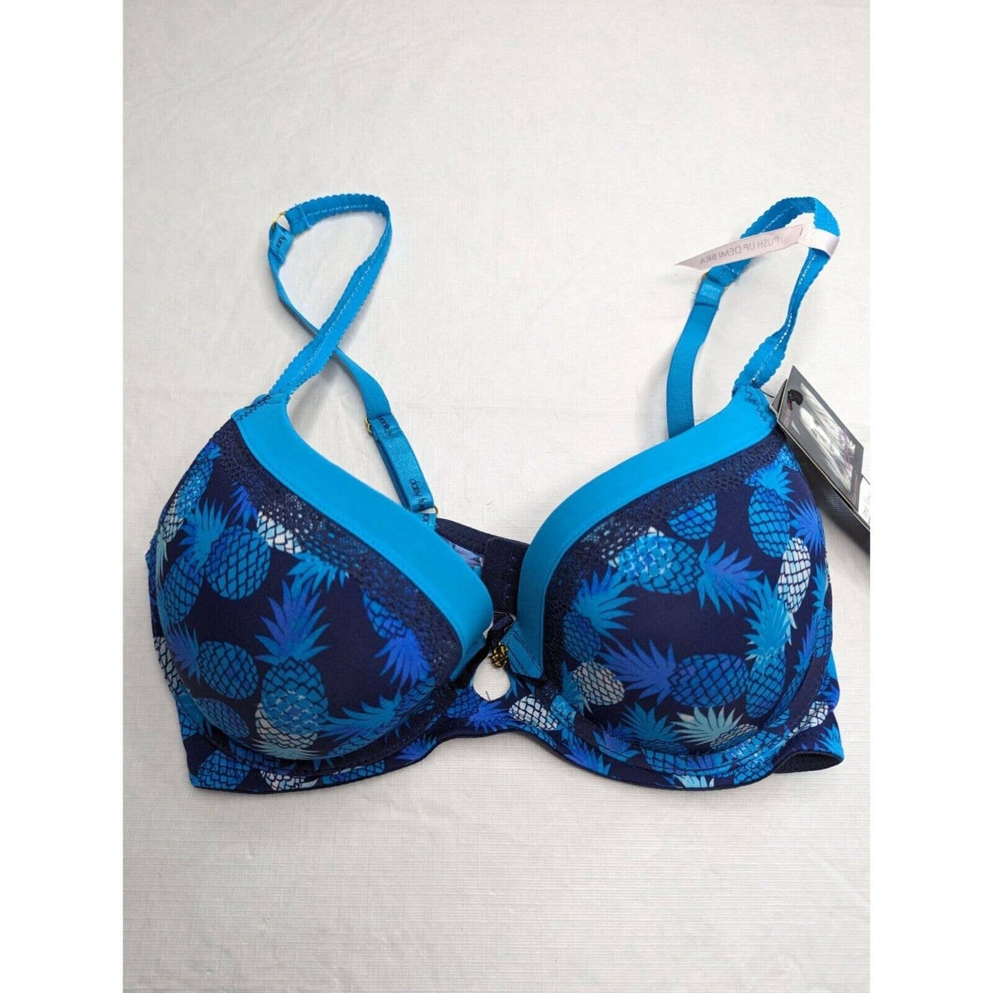 Daisy Fuentes Sz 36D Push Up Demi Bra Blue Pineapple Print NEW