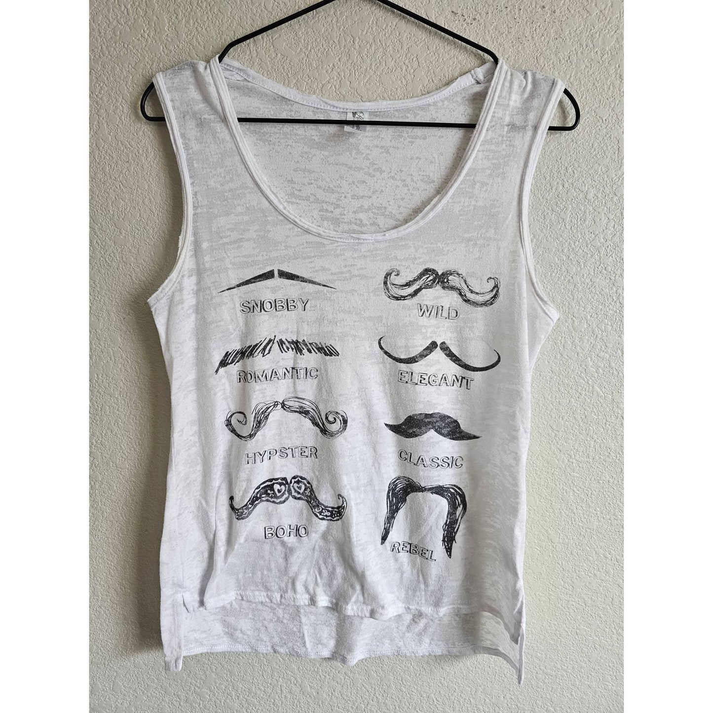 Romantic Rebel Womens Sz L Tank Top White Burnout Moustaches