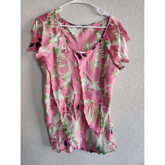 Signature by Larry Levine Womens Sz XL Satin Short Sleeve Blouse Floral