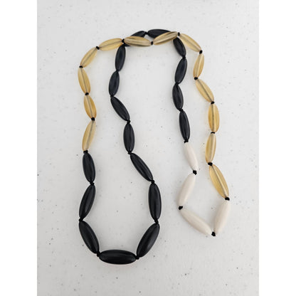 Vintage 1990s Single Strand Oval Beaded Necklace Black Beige White