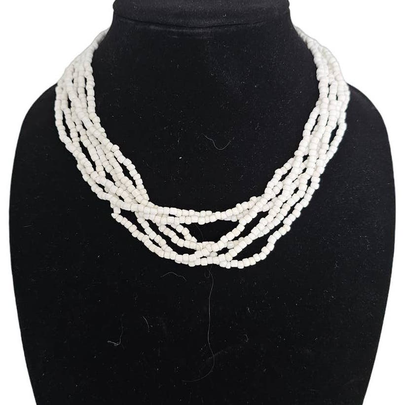 Vintage Multi Strand Seed Bead Statement Necklace Solid White