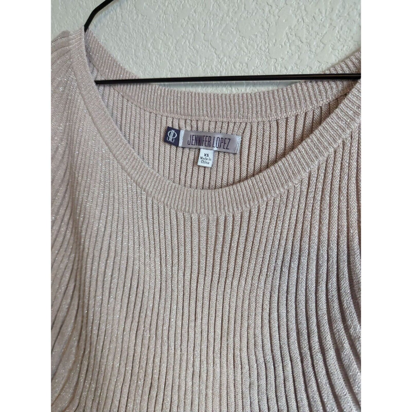 Jennifer Lopez Womens Sz XS Blush Pink Metallic Weave Sweater Ribbed